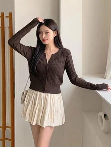 DAZY 女款休閒麻花編織開襟羊毛衫，秋冬款 - 棕色 - 查看 4