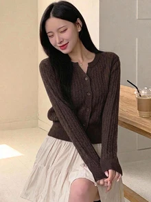DAZY 女款休閒麻花編織開襟羊毛衫，秋冬款 - 棕色 - 查看 3