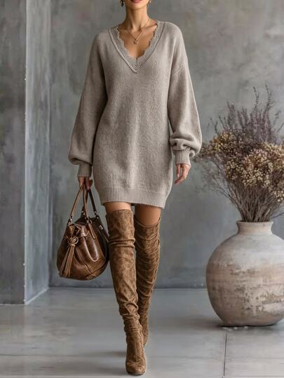 LUMIGAL Women's Solid Color Contrast Lace V-Neck Drop Shoulder Long Sleeve Knit Dress
