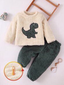 SHEIN 4套隨機發送 1套秋冬雙面絨毛男嬰睡衣 珊瑚絨加厚可愛恐龍家居服 2件組 柔軟舒適 - 彩色 - 查看 3