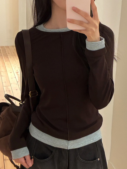 DAZY 패치워크 대비 컬러 2 합 1 결합 크루넥 긴팔 캐주얼 휴가 한국 스타일 걸 가을/겨울 탑 걸 티셔츠