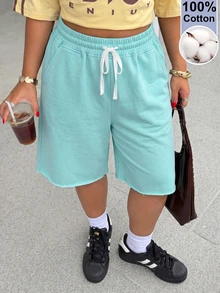 Muchica Shorts casuales holgados con cintura con cordón y bolsillos para mujer de talla grande - Agua verde azul - Ver 1