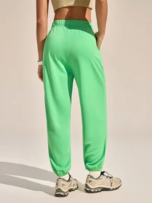 SHEIN Sports 女士撞色滚边弹力腰斜插口袋户外慢跑裤 - 綠色 - 查看 5