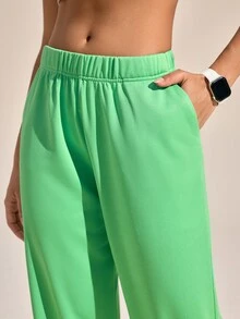 SHEIN Sports 女士撞色滚边弹力腰斜插口袋户外慢跑裤 - 綠色 - 查看 7