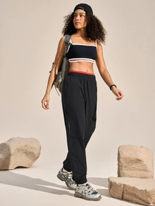SHEIN Sports 女士弹力腰带口袋宽松户外跑步裤 - 黑色 - 查看 5