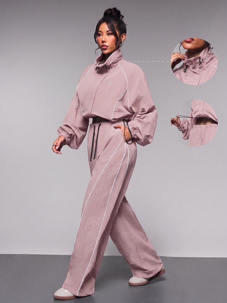 Exploreva Exploreva Women's Contrast Trim Zip-Up Collar Long Sleeve Jacket And Drawstring Waist Long Pants Sports Suit - Pink - View 4