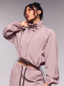Exploreva Exploreva 女士撞色滚边拉链领长袖外套和抽绳腰长裤运动套装 - 粉色 - 查看 5