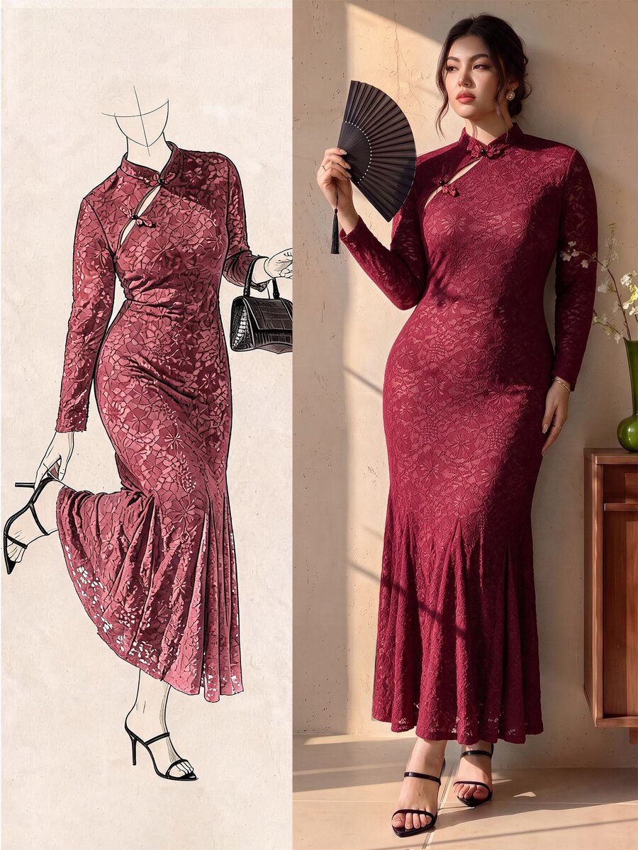 EastFlair Plus Size Women's Elegant Long Sleeve Dress With Frog Button Design Fall - Burgundy - View 1