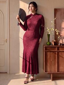 EastFlair Plus Size Women's Elegant Long Sleeve Dress With Frog Button Design Fall - Burgundy - View 3