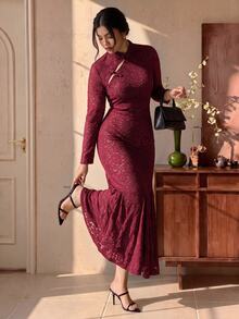 EastFlair Plus Size Women's Elegant Long Sleeve Dress With Frog Button Design Fall - Burgundy - View 2