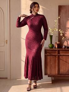 EastFlair Plus Size Women's Elegant Long Sleeve Dress With Frog Button Design Fall - Burgundy - View 5