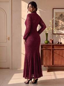 EastFlair Plus Size Women's Elegant Long Sleeve Dress With Frog Button Design Fall - Burgundy - View 6