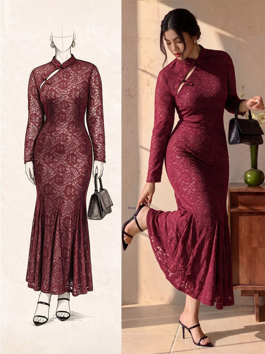 EastFlair Plus Size Women's Elegant Long Sleeve Dress With Frog Button Design Fall - Burgundy - View 1