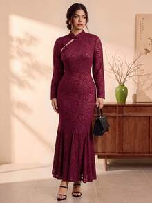 EastFlair Plus Size Women's Elegant Long Sleeve Dress With Frog Button Design Fall - Burgundy - View 4