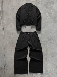 AXEPEAK Men's Casual Versatile Solid Color Shirt And Pants Set - Black - View 2