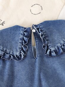SHEIN Elladie kids Autumn Girls' Denim Dress With Large Ruffle Collar, Puff Sleeves, Casual Versatile Children's Dress - Blue - View 7