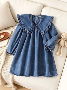 SHEIN Elladie kids Autumn Girls' Denim Dress With Large Ruffle Collar, Puff Sleeves, Casual Versatile Children's Dress - Blue - View 4