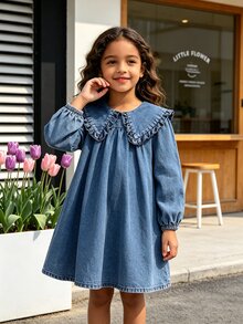SHEIN Elladie kids Autumn Girls' Denim Dress With Large Ruffle Collar, Puff Sleeves, Casual Versatile Children's Dress - Blue - View 6