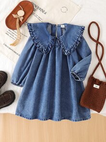 SHEIN Elladie kids Autumn Girls' Denim Dress With Large Ruffle Collar, Puff Sleeves, Casual Versatile Children's Dress - Blue - View 9