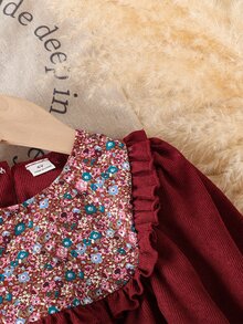 SHEIN Elladie kids 秋冬女童小碎花燈芯絨洋裝，波浪飾邊、寬鬆泡泡袖，酒紅色，百搭兒童洋裝 - 酒紅色 - 查看 11