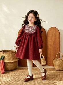 SHEIN Elladie kids 秋冬女童小碎花燈芯絨洋裝，波浪飾邊、寬鬆泡泡袖，酒紅色，百搭兒童洋裝 - 酒紅色 - 查看 6