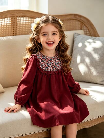 Autumn/Winter Girls' Ditsy Floral Corduroy Dress With Frill Trim, Loose Puff Sleeves, Burgundy, Versatile Children's Dress