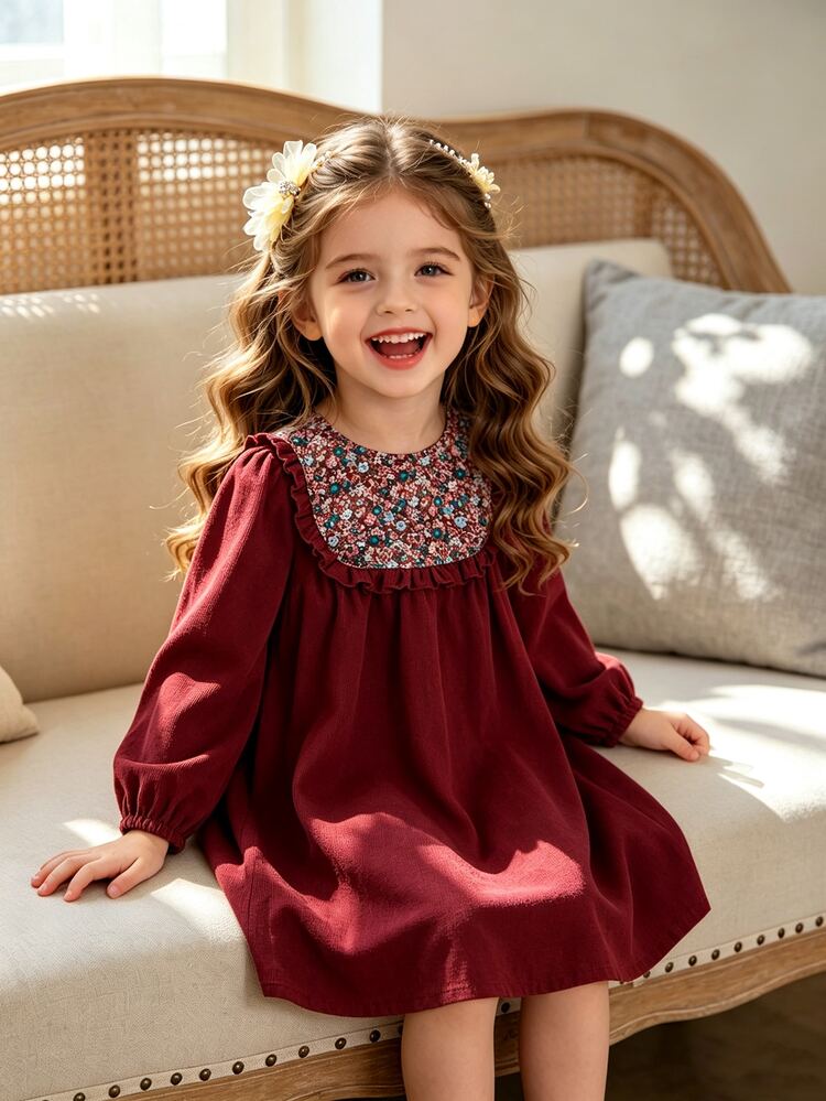 SHEIN Elladie kids Autumn/Winter Girls' Ditsy Floral Corduroy Dress With Frill Trim, Loose Puff Sleeves, Burgundy, Versatile Children's Dress - Burgundy - View 4