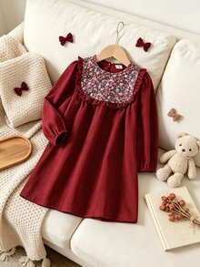 SHEIN Elladie kids 秋冬女童小碎花燈芯絨洋裝，波浪飾邊、寬鬆泡泡袖，酒紅色，百搭兒童洋裝 - 酒紅色 - 查看 3