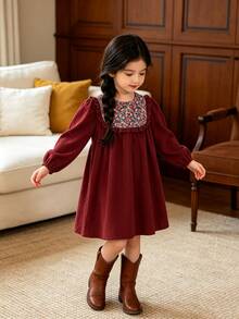 SHEIN Elladie kids 秋冬女童小碎花燈芯絨洋裝，波浪飾邊、寬鬆泡泡袖，酒紅色，百搭兒童洋裝 - 酒紅色 - 查看 8