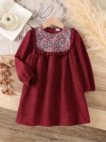SHEIN Elladie kids 秋冬女童小碎花燈芯絨洋裝，波浪飾邊、寬鬆泡泡袖，酒紅色，百搭兒童洋裝 - 酒紅色 - 查看 9