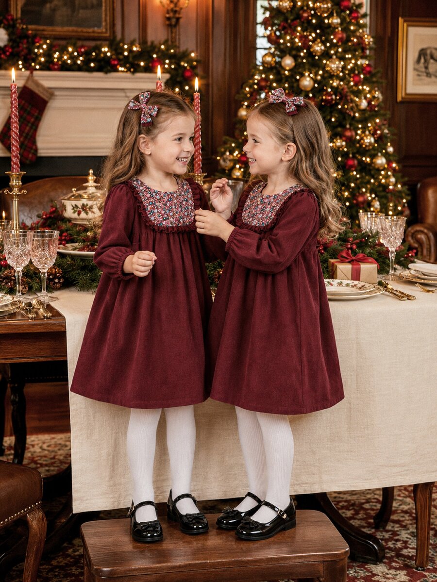 SHEIN Elladie kids 秋冬女童小碎花燈芯絨洋裝,波浪飾邊、寬鬆泡泡袖,酒紅色,百搭兒童洋裝 - 酒紅色 - 查看 1