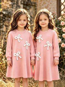 Elladie kids 女童新款運動衫布料蓮花粉長袖洋裝，附蝴蝶結緞帶裝飾，適合日常休閒、優雅、度假與戶外穿著 - 粉色 - 查看 3