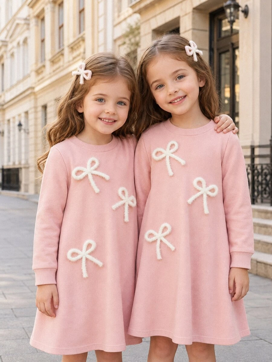 Elladie kids 女童新款運動衫布料蓮花粉長袖洋裝,附蝴蝶結緞帶裝飾,適合日常休閒、優雅、度假與戶外穿著 - 粉色 - 查看 1