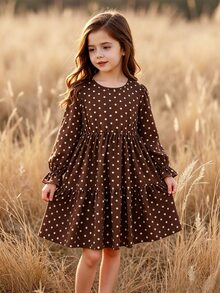 SHEIN Elladie kids 女童復古仙女牛仔風咖啡棕波點泡泡袖長袖洋裝 分層蛋糕裙 感恩節母女套裝 7歲生日 秋季 - 棕色 - 查看 4