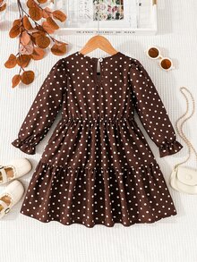 SHEIN Elladie kids 女童復古仙女牛仔風咖啡棕波點泡泡袖長袖洋裝 分層蛋糕裙 感恩節母女套裝 7歲生日 秋季 - 棕色 - 查看 2