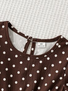 SHEIN Elladie kids 女童復古仙女牛仔風咖啡棕波點泡泡袖長袖洋裝 分層蛋糕裙 感恩節母女套裝 7歲生日 秋季 - 棕色 - 查看 6
