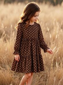 SHEIN Elladie kids 女童復古仙女牛仔風咖啡棕波點泡泡袖長袖洋裝 分層蛋糕裙 感恩節母女套裝 7歲生日 秋季 - 棕色 - 查看 5