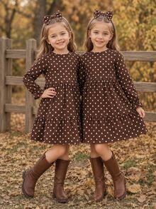 SHEIN Elladie kids 女童復古仙女牛仔風咖啡棕波點泡泡袖長袖洋裝 分層蛋糕裙 感恩節母女套裝 7歲生日 秋季 - 棕色 - 查看 1