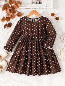 SHEIN Elladie kids 女童復古仙女牛仔風咖啡棕波點泡泡袖長袖洋裝 分層蛋糕裙 感恩節母女套裝 7歲生日 秋季 - 棕色 - 查看 7