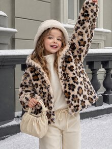 SHEIN Elladie kids 少女連帽外套 Y2K 上衣 長袖上衣 秋季服飾 假日款 豹紋 絲絨加厚毛絨連帽夾克 - 棕色 - 查看 1