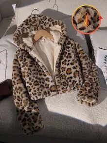 SHEIN Elladie kids 少女連帽外套 Y2K 上衣 長袖上衣 秋季服飾 假日款 豹紋 絲絨加厚毛絨連帽夾克 - 棕色 - 查看 4