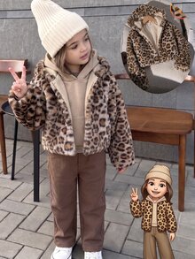 SHEIN Elladie kids 少女連帽外套 Y2K 上衣 長袖上衣 秋季服飾 假日款 豹紋 絲絨加厚毛絨連帽夾克 - 棕色 - 查看 5