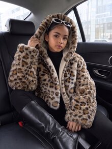 SHEIN Elladie kids 少女連帽外套 Y2K 上衣 長袖上衣 秋季服飾 假日款 豹紋 絲絨加厚毛絨連帽夾克 - 棕色 - 查看 3
