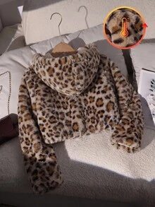 SHEIN Elladie kids 少女連帽外套 Y2K 上衣 長袖上衣 秋季服飾 假日款 豹紋 絲絨加厚毛絨連帽夾克 - 棕色 - 查看 2