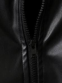 SHEIN 女童甜酷泡泡袖短版皮夾克，黑色經典圓領設計，俐落簡約前開襟黑色拉鍊方便穿脫，胸前金屬拉鍊裝飾增添時尚感，3D長泡泡袖優化頭肩比例，適合女童日常穿著、上學、出遊、度假、派對、節日，秋冬返校季適用 - 黑色 - 查看 9