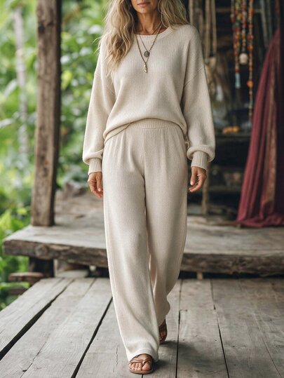 Holdful Holdful Set de loungewear moale din tricot pentru femei, hanorac larg cu guler rotund și pantaloni cu crac larg, 2 piese, ținută casual pentru relaxare și călătorii, bej, toamnă