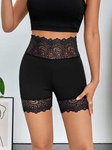 Firerie Women Leggings Kontras Lace Plain Casual - Hitam - View 3