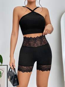 Firerie Women Leggings Kontras Lace Plain Casual - Hitam - View 5