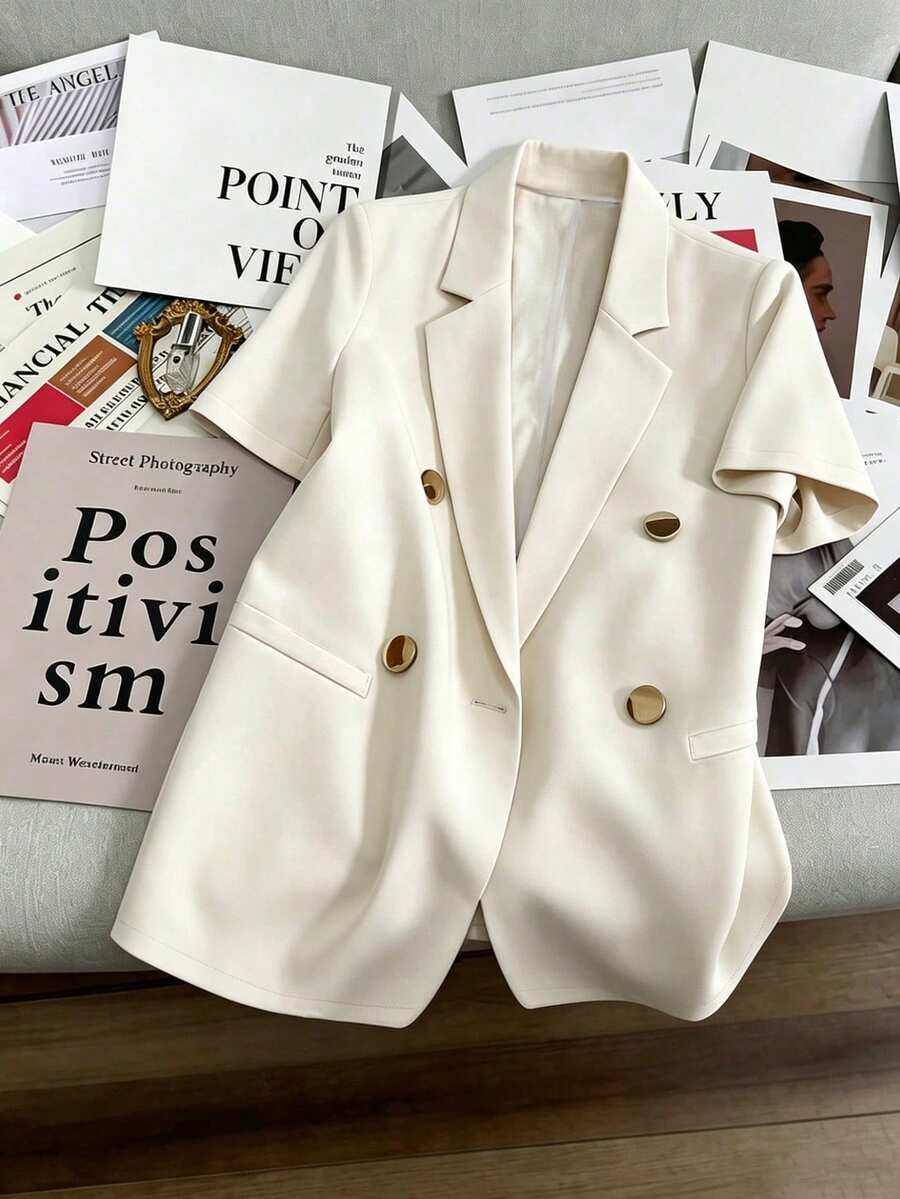 SHEIN Franclia 女款寬鬆版型奶油白金屬扣短袖西裝外套，春夏教師節商務辦公職場休閒優雅風 - 米色 - 查看 1