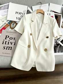 SHEIN Franclia 女款寬鬆版型奶油白金屬扣短袖西裝外套，春夏教師節商務辦公職場休閒優雅風 - 米色 - 查看 5